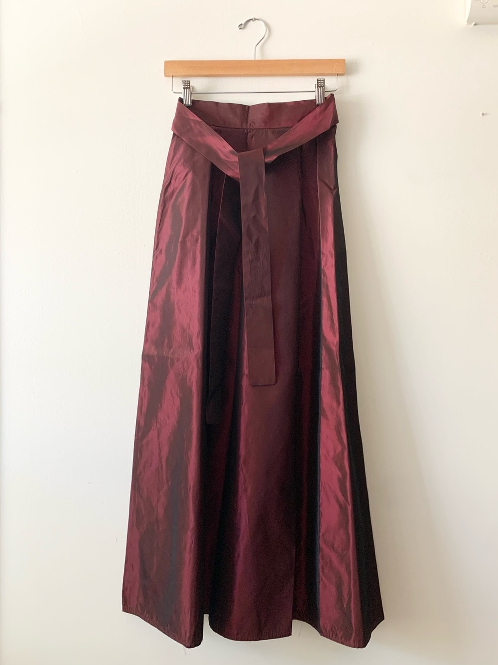 NEW VINTAGE Spring Street Burgundy Satin Maxi Skirt with Self-Tie Waistband